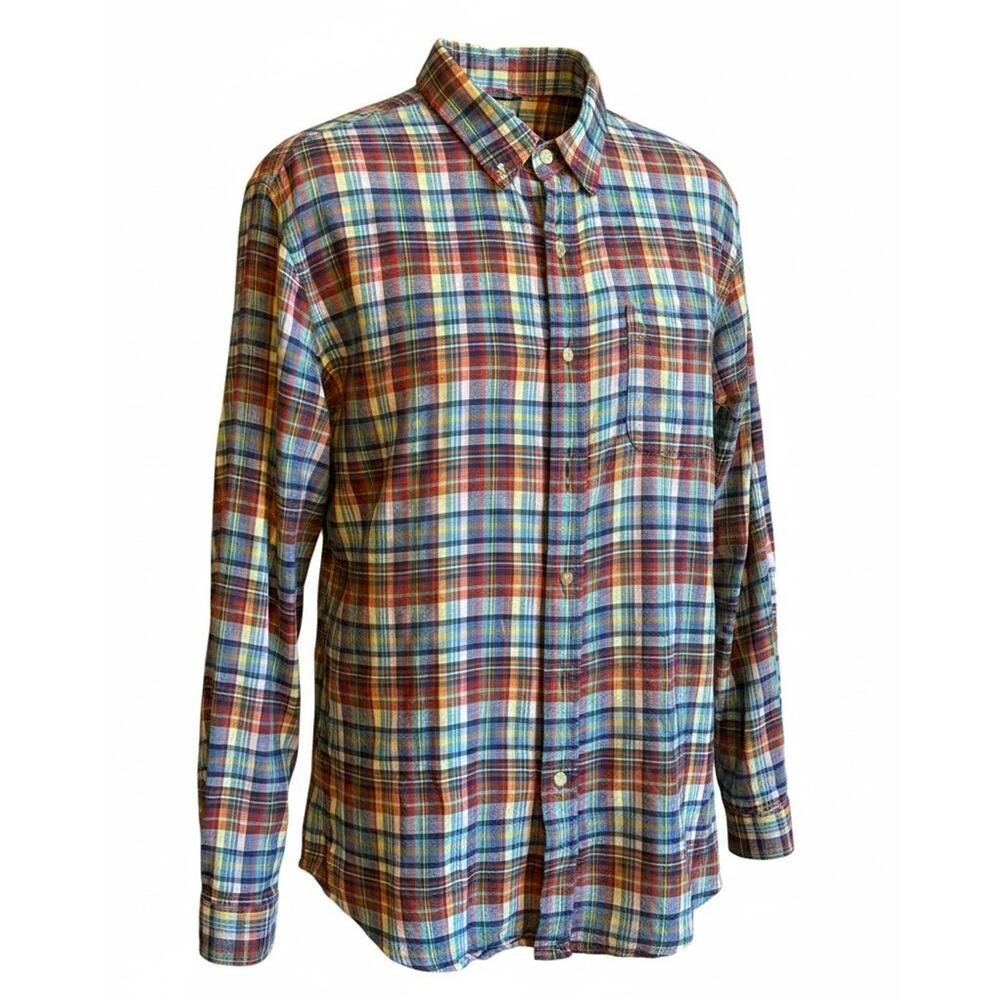 VTG LL Bean Linen Shirt L Rainbow Plaid Madras Grandpa Granola Gorp Utility 90s